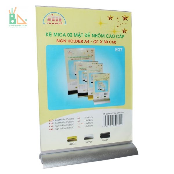 Kệ mica 2 mặt A4 đế lùa nhôm cao cấp E37 - 210x300mm